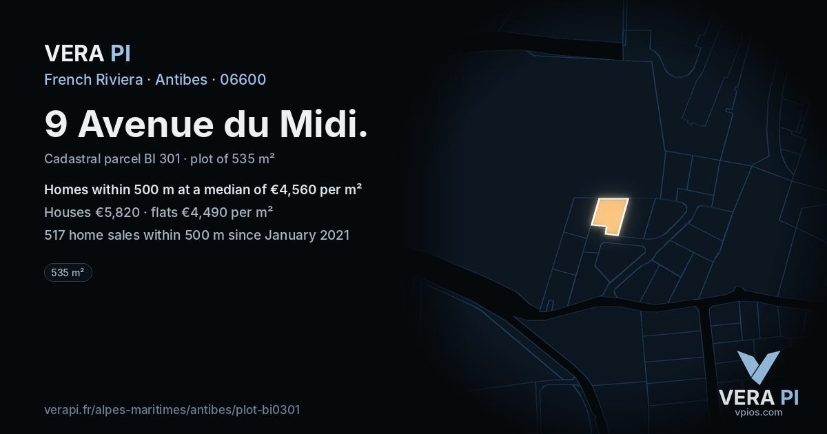 9 Avenue du Midi, Antibes at night – the plot lit, the parcels around coloured by the prices near them