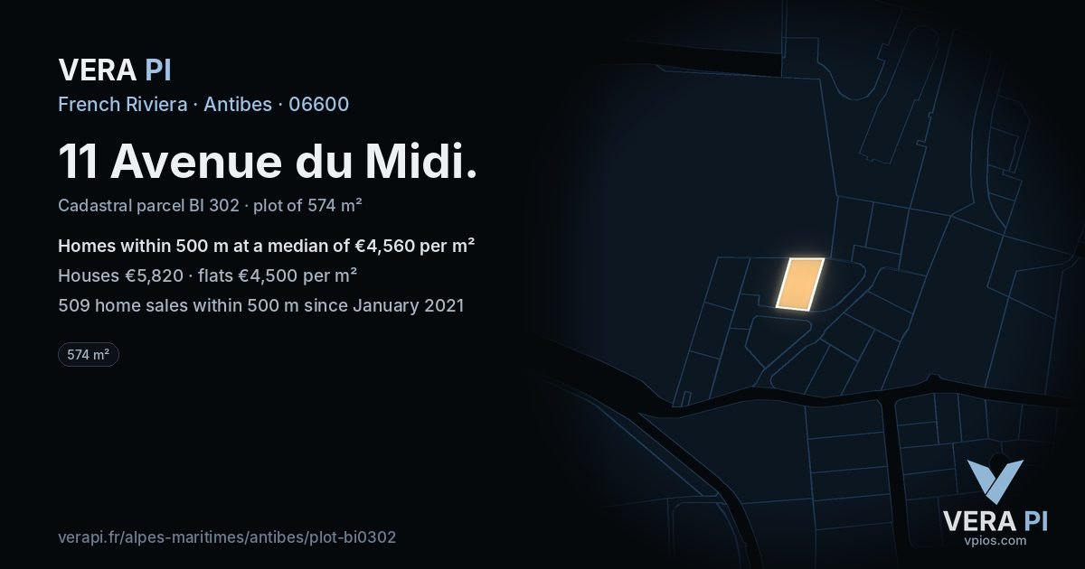 11 Avenue du Midi, Antibes at night – the plot lit, the parcels around coloured by the prices near them