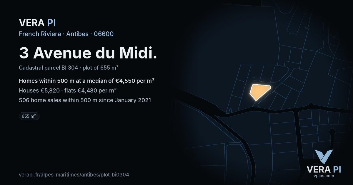 3 Avenue du Midi, Antibes at night – the plot lit, the parcels around coloured by the prices near them