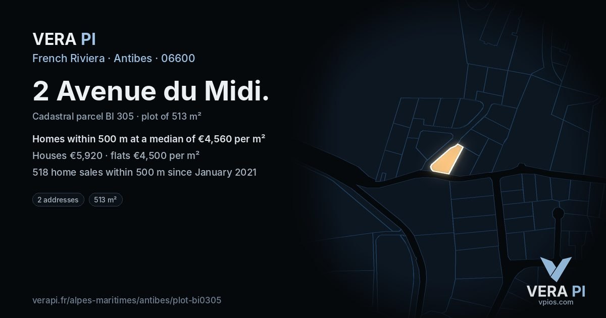 2 Avenue du Midi, Antibes at night – the plot lit, the parcels around coloured by the prices near them