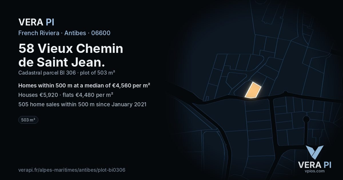 58 Vieux Chemin de Saint Jean, Antibes at night – the plot lit, the parcels around coloured by the prices near them