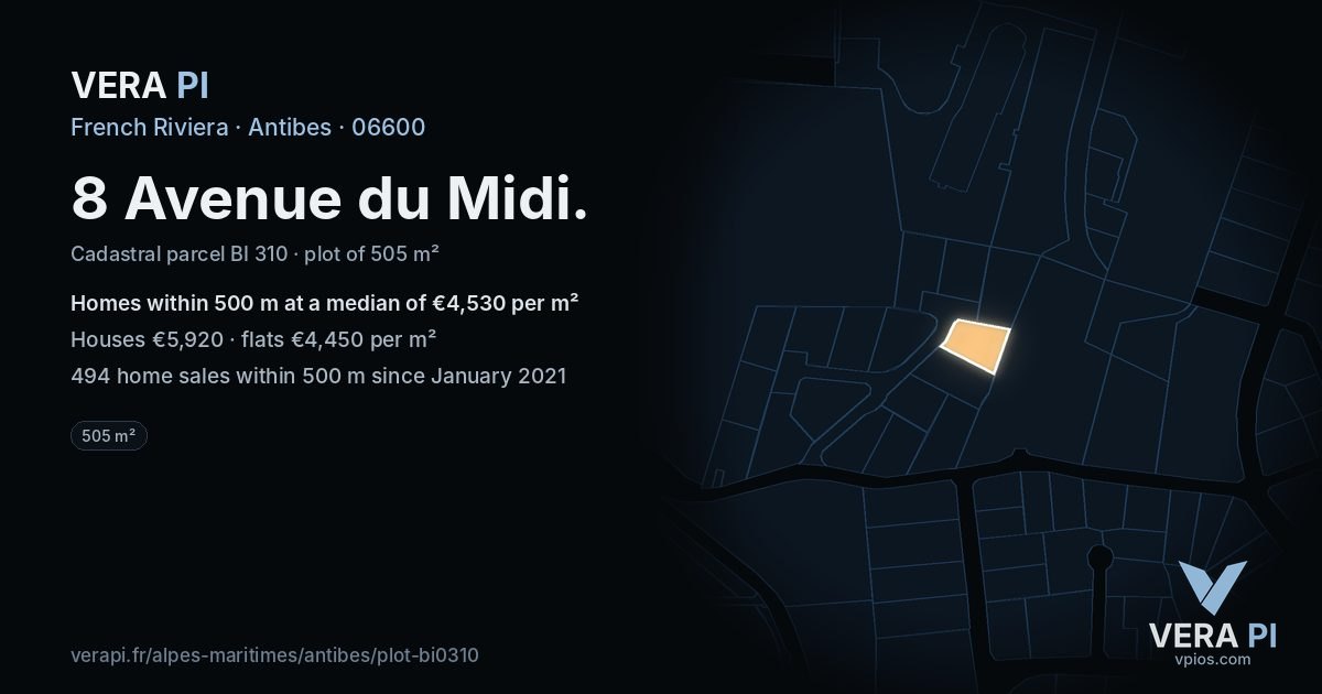 8 Avenue du Midi, Antibes at night – the plot lit, the parcels around coloured by the prices near them