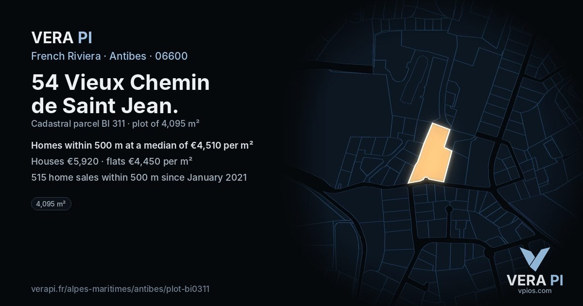 54 Vieux Chemin de Saint Jean, Antibes at night – the plot lit, the parcels around coloured by the prices near them