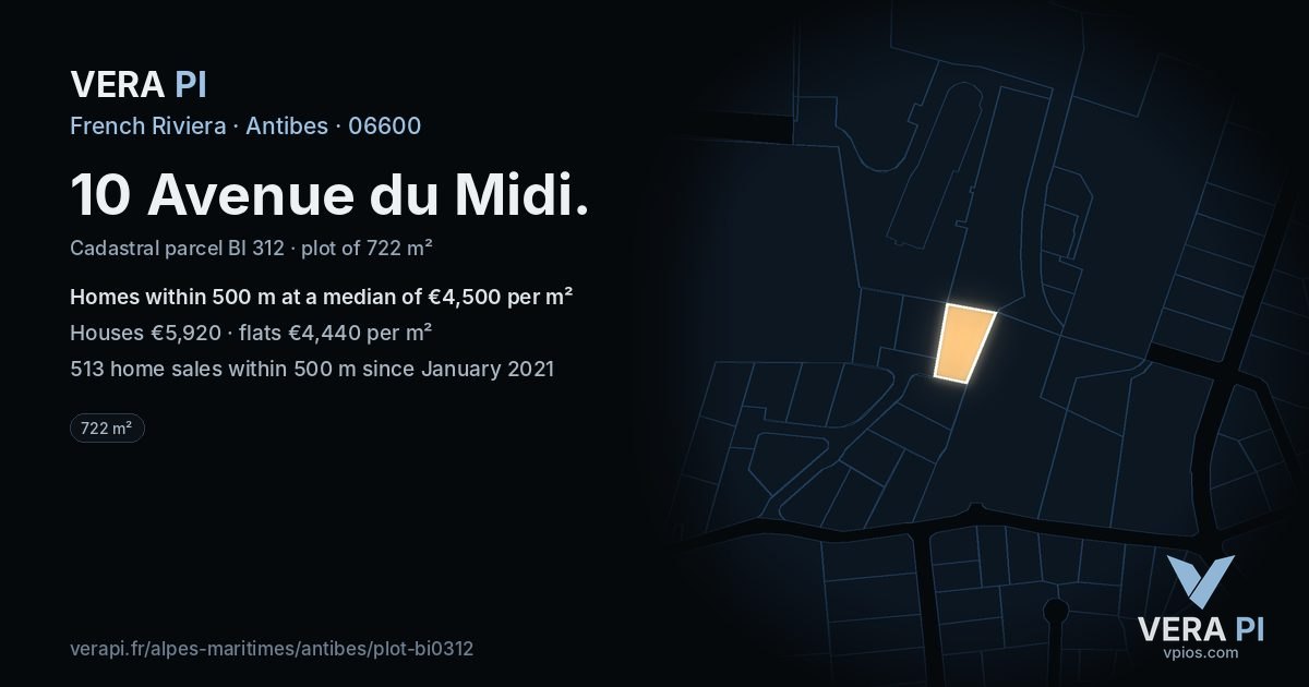 10 Avenue du Midi, Antibes at night – the plot lit, the parcels around coloured by the prices near them