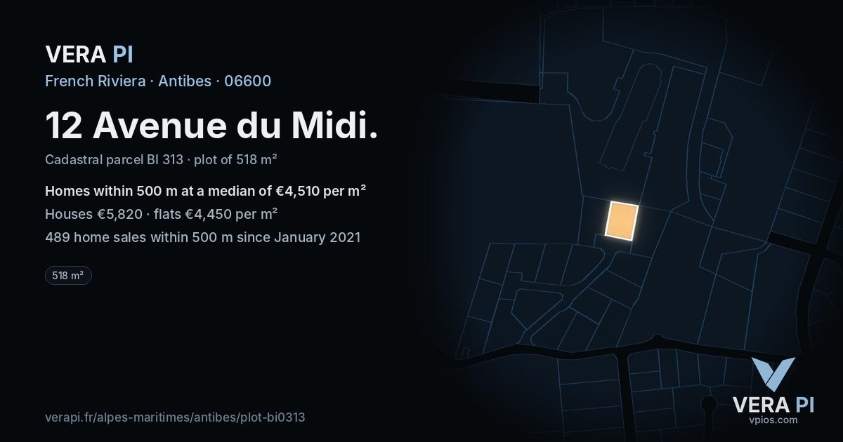 12 Avenue du Midi, Antibes at night – the plot lit, the parcels around coloured by the prices near them