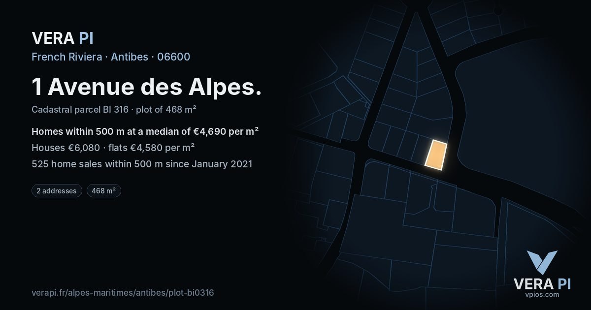 1 Avenue des Alpes, Antibes at night – the plot lit, the parcels around coloured by the prices near them