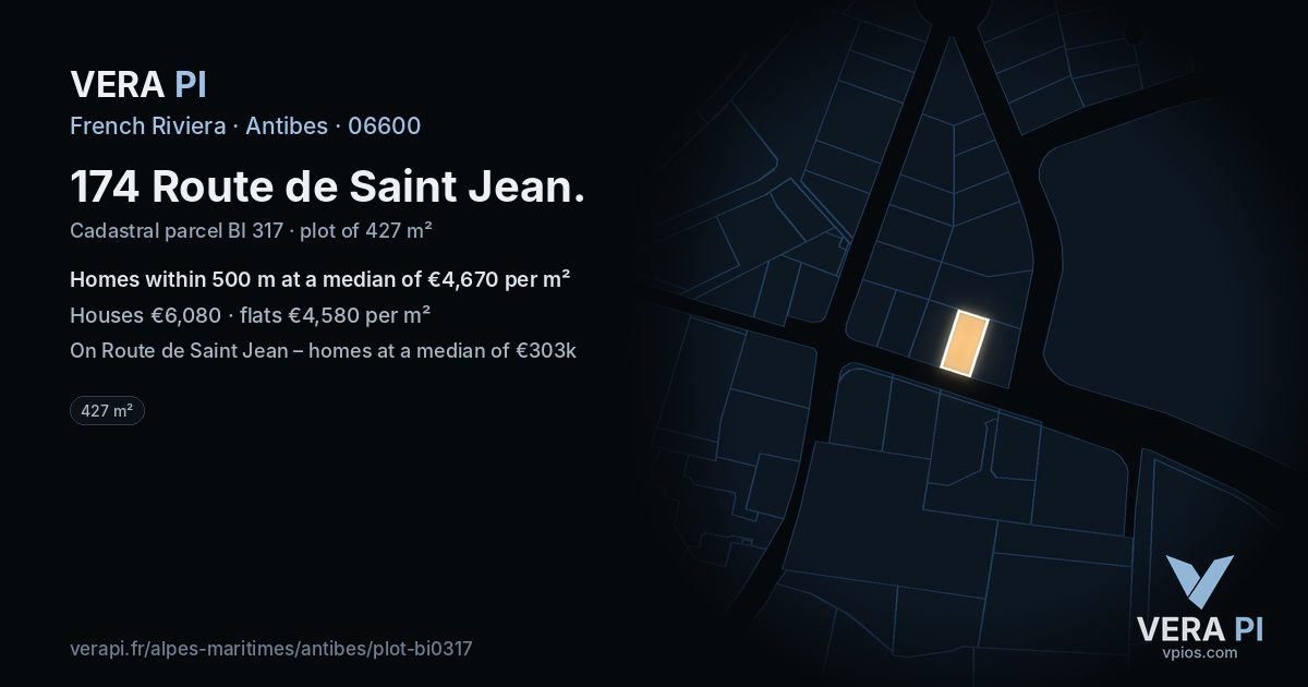 174 Route de Saint Jean, Antibes at night – the plot lit, the parcels around coloured by the prices near them