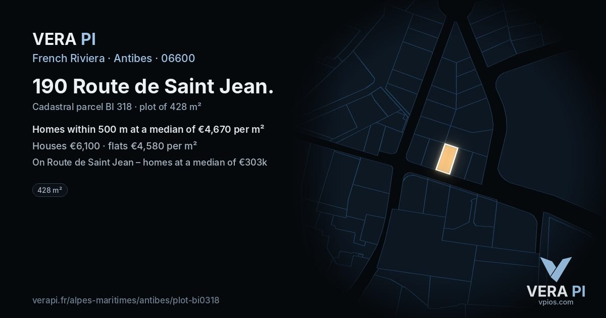 190 Route de Saint Jean, Antibes at night – the plot lit, the parcels around coloured by the prices near them