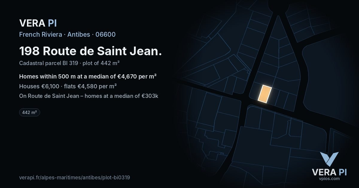 198 Route de Saint Jean, Antibes at night – the plot lit, the parcels around coloured by the prices near them