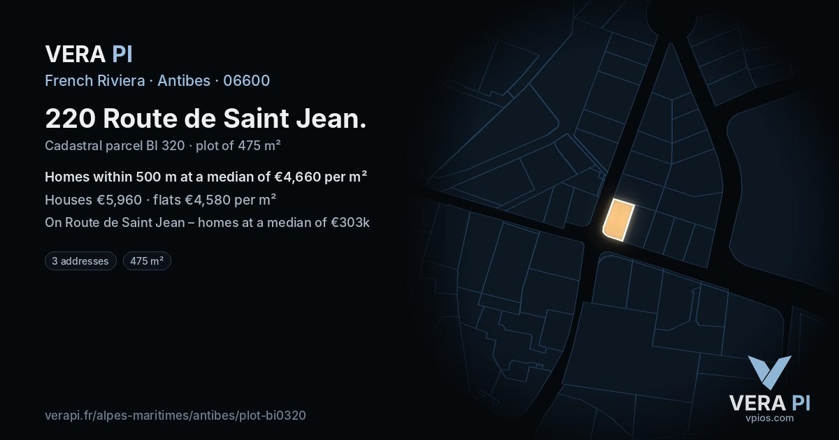 220 Route de Saint Jean, Antibes at night – the plot lit, the parcels around coloured by the prices near them
