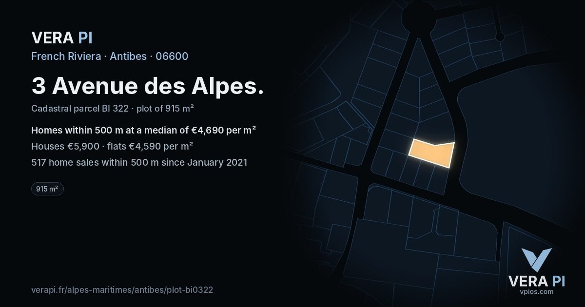 3 Avenue des Alpes, Antibes at night – the plot lit, the parcels around coloured by the prices near them