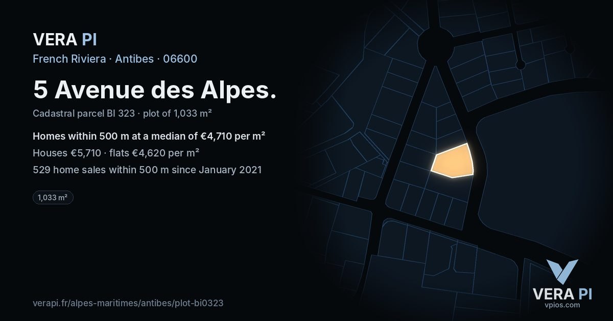 5 Avenue des Alpes, Antibes at night – the plot lit, the parcels around coloured by the prices near them