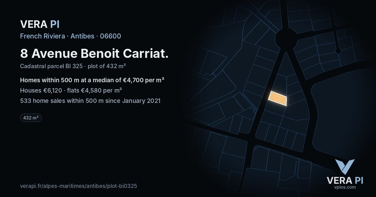 8 Avenue Benoit Carriat, Antibes at night – the plot lit, the parcels around coloured by the prices near them