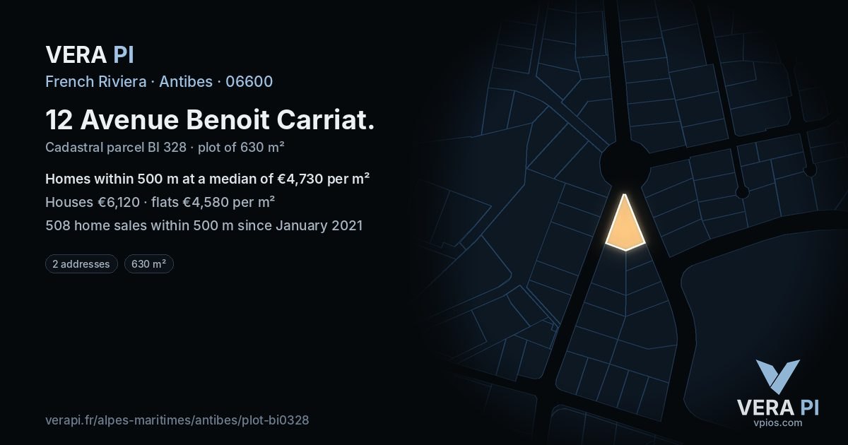 12 Avenue Benoit Carriat, Antibes at night – the plot lit, the parcels around coloured by the prices near them