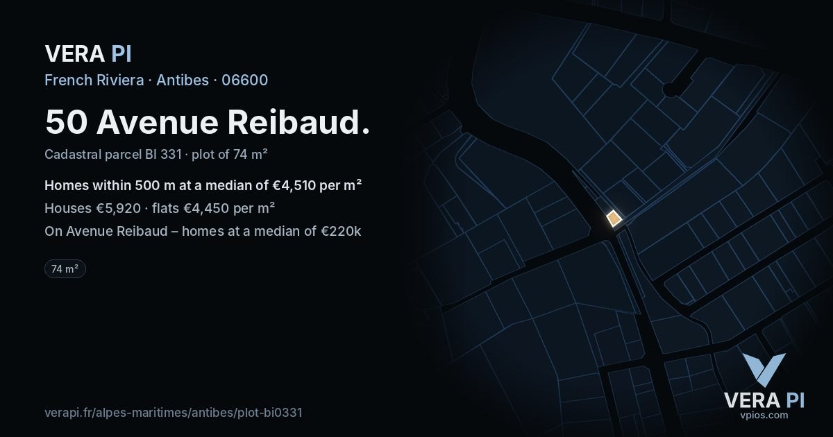 50 Avenue Reibaud, Antibes at night – the plot lit, the parcels around coloured by the prices near them