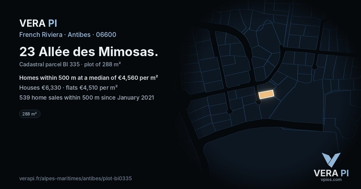 23 Allée des Mimosas, Antibes at night – the plot lit, the parcels around coloured by the prices near them