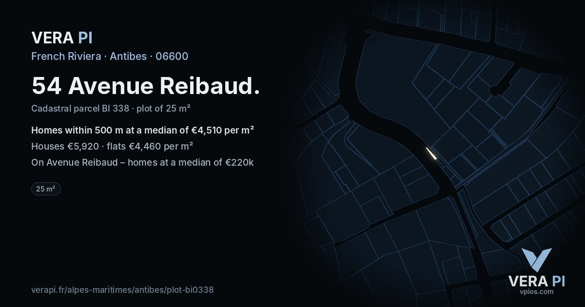 54 Avenue Reibaud, Antibes at night – the plot lit, the parcels around coloured by the prices near them