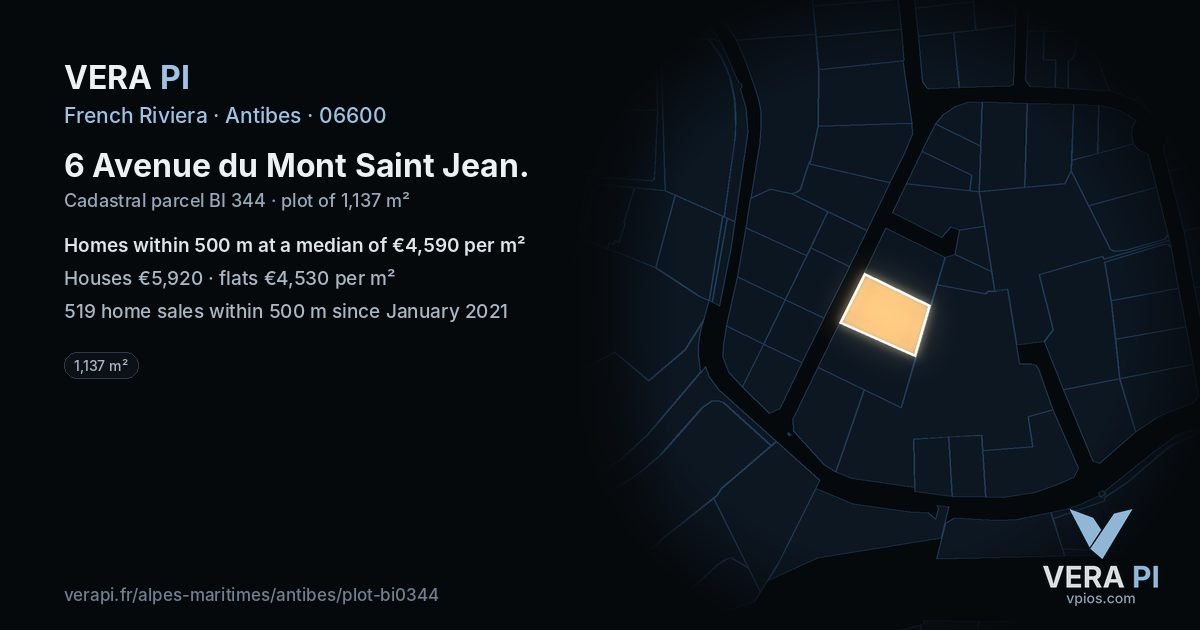 6 Avenue du Mont Saint Jean, Antibes at night – the plot lit, the parcels around coloured by the prices near them