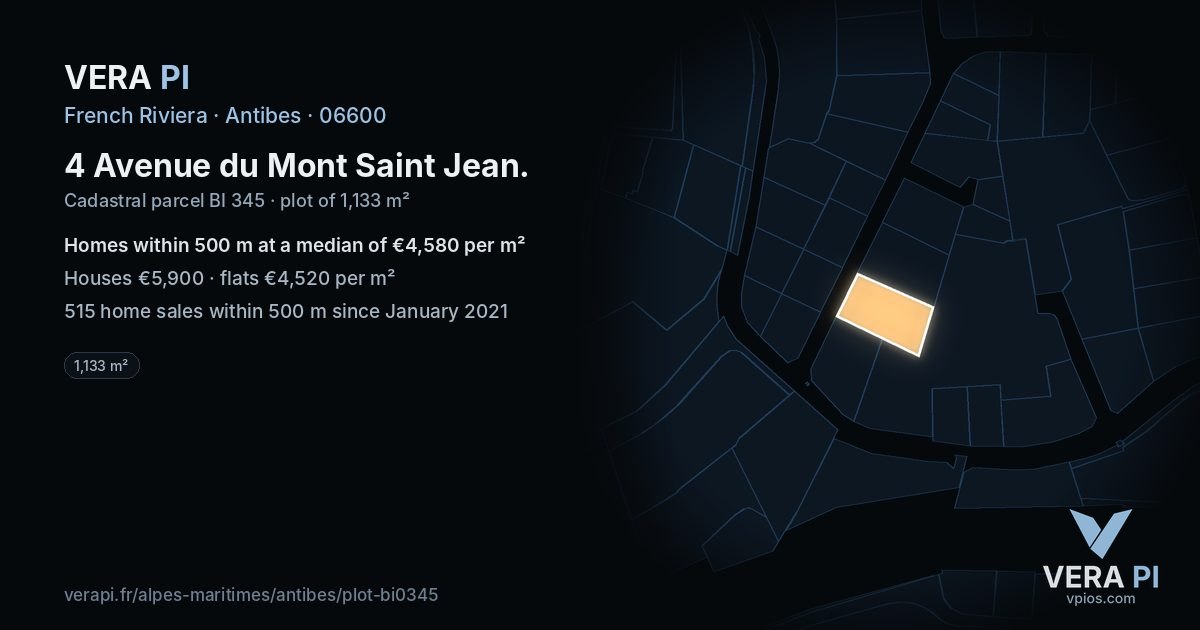 4 Avenue du Mont Saint Jean, Antibes at night – the plot lit, the parcels around coloured by the prices near them