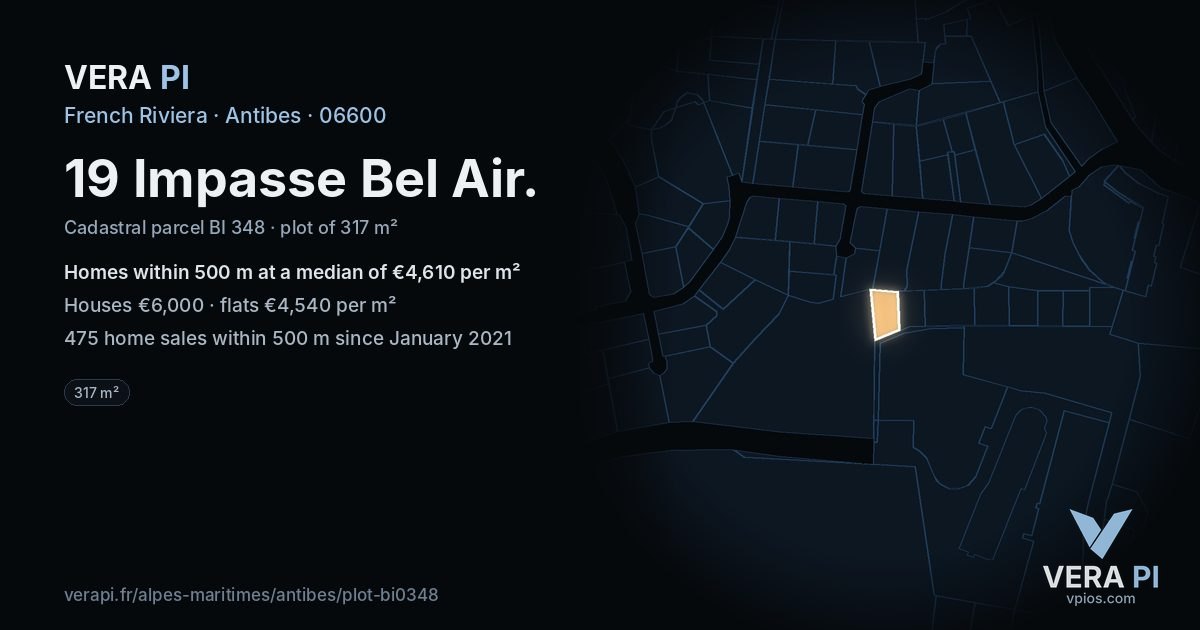 19 Impasse Bel Air, Antibes at night – the plot lit, the parcels around coloured by the prices near them