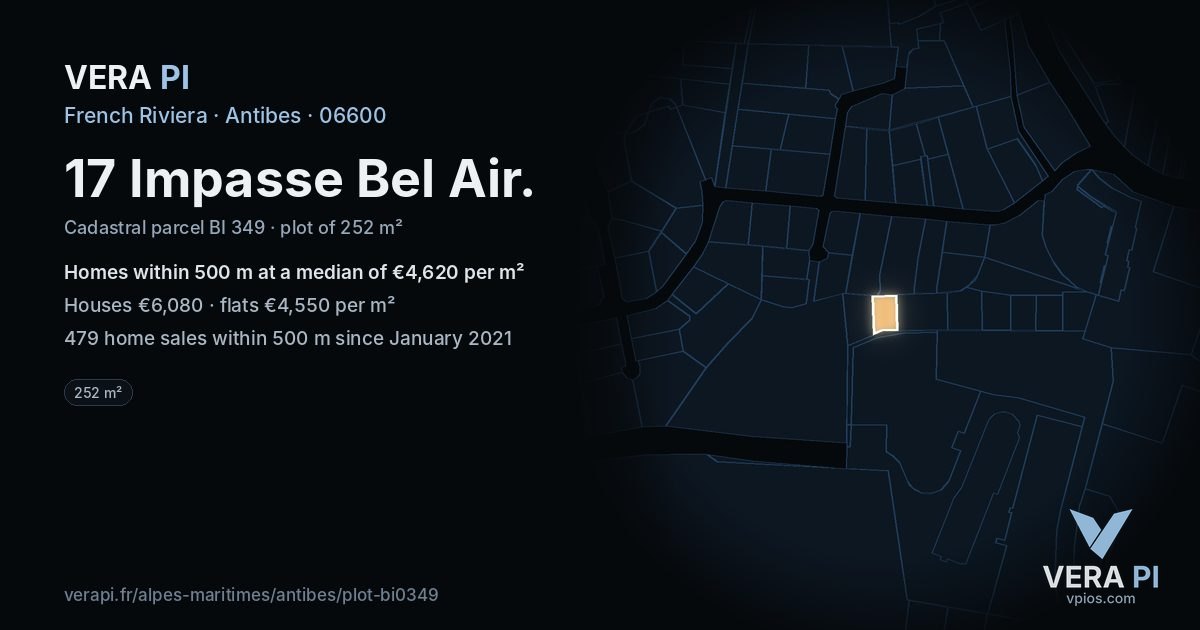 17 Impasse Bel Air, Antibes at night – the plot lit, the parcels around coloured by the prices near them