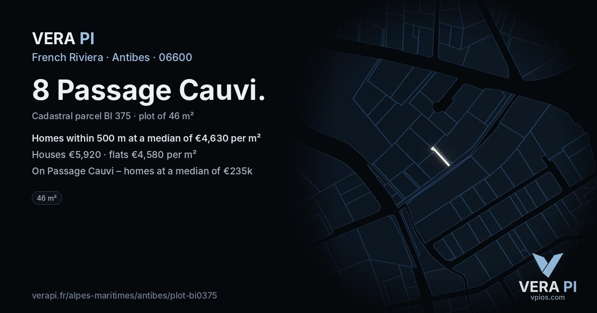 8 Passage Cauvi, Antibes at night – the plot lit, the parcels around coloured by the prices near them