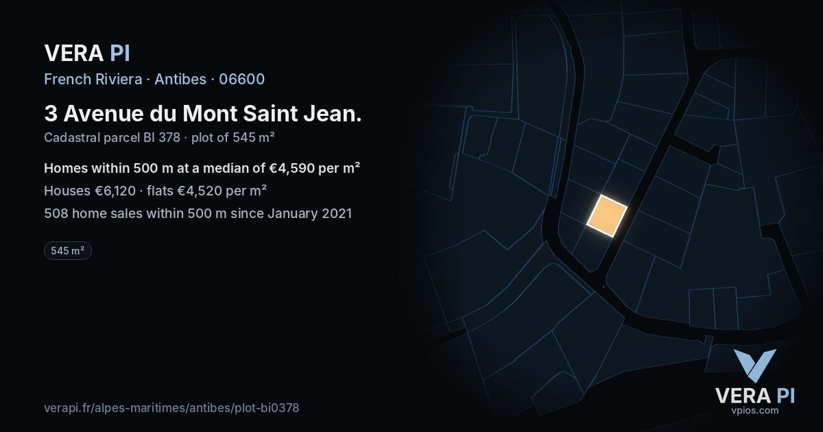 3 Avenue du Mont Saint Jean, Antibes at night – the plot lit, the parcels around coloured by the prices near them
