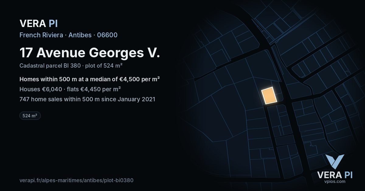 17 Avenue Georges V, Antibes at night – the plot lit, the parcels around coloured by the prices near them