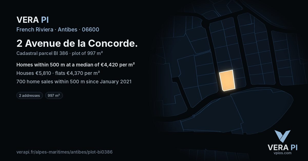 2 Avenue de la Concorde, Antibes at night – the plot lit, the parcels around coloured by the prices near them