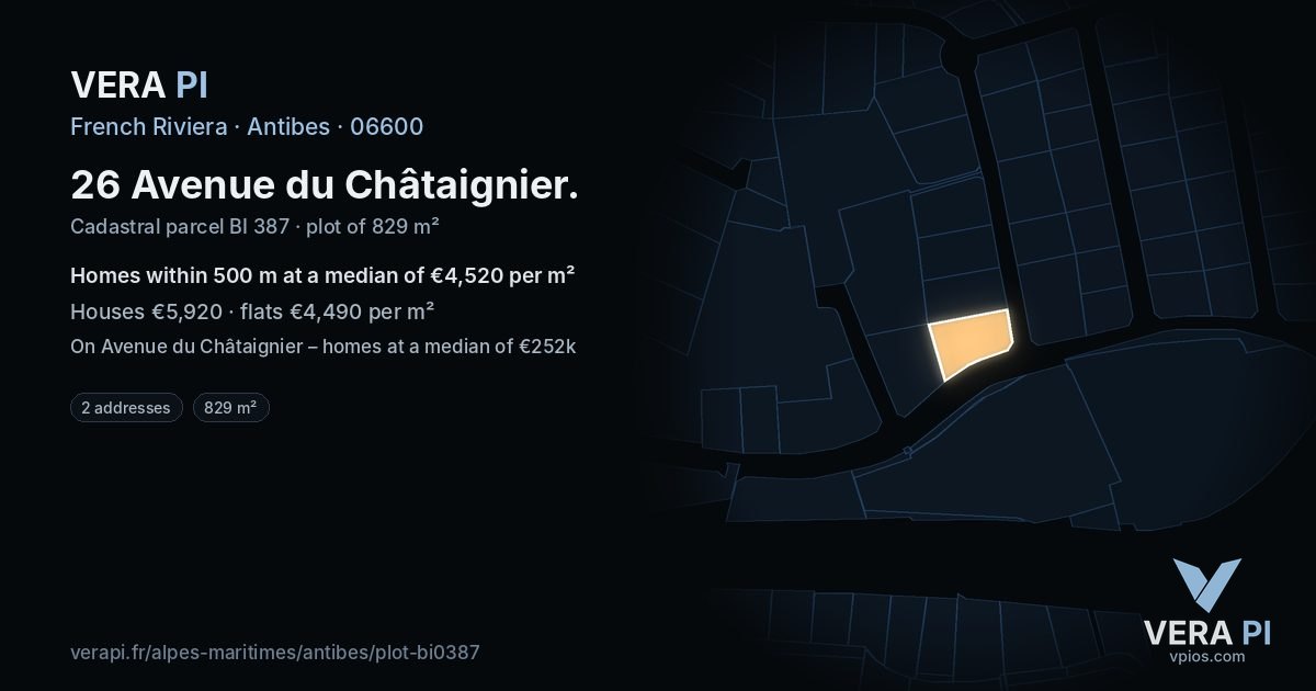 26 Avenue du Châtaignier, Antibes at night – the plot lit, the parcels around coloured by the prices near them