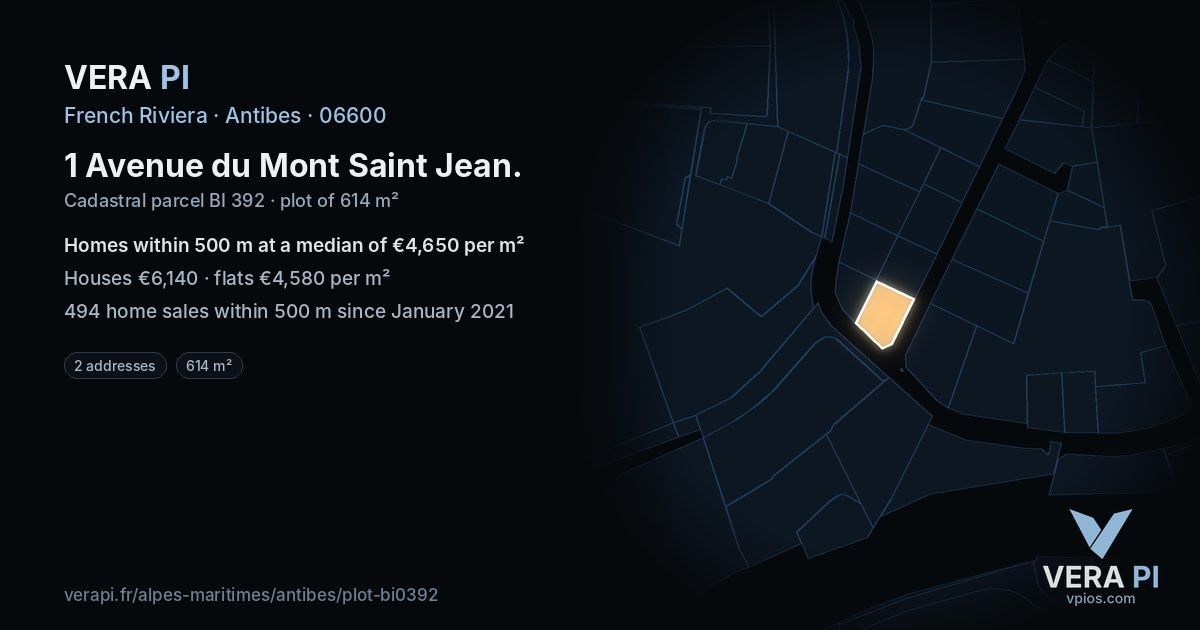 1 Avenue du Mont Saint Jean, Antibes at night – the plot lit, the parcels around coloured by the prices near them