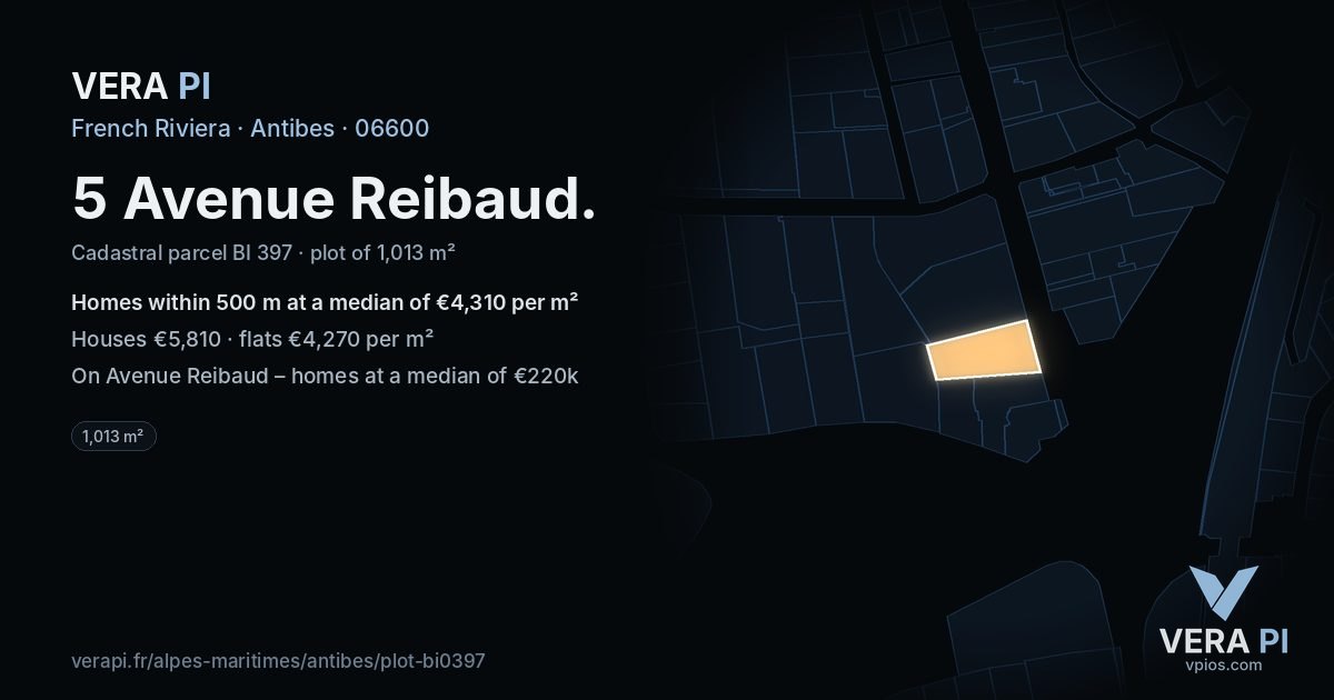 5 Avenue Reibaud, Antibes at night – the plot lit, the parcels around coloured by the prices near them