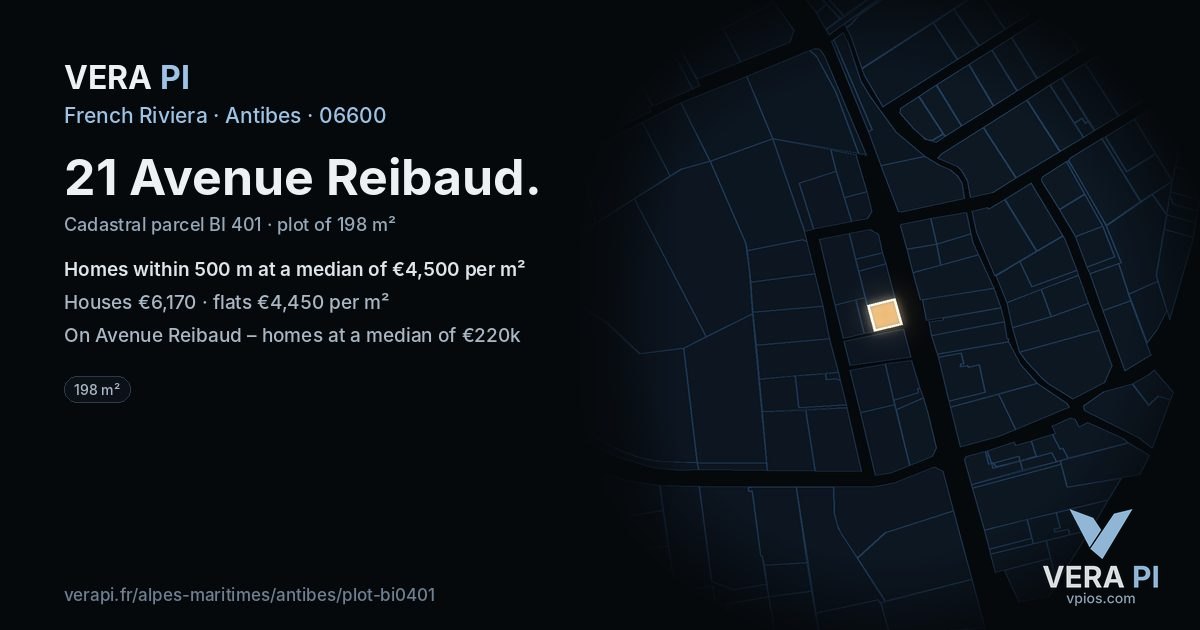 21 Avenue Reibaud, Antibes at night – the plot lit, the parcels around coloured by the prices near them