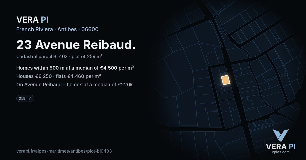 23 Avenue Reibaud, Antibes at night – the plot lit, the parcels around coloured by the prices near them