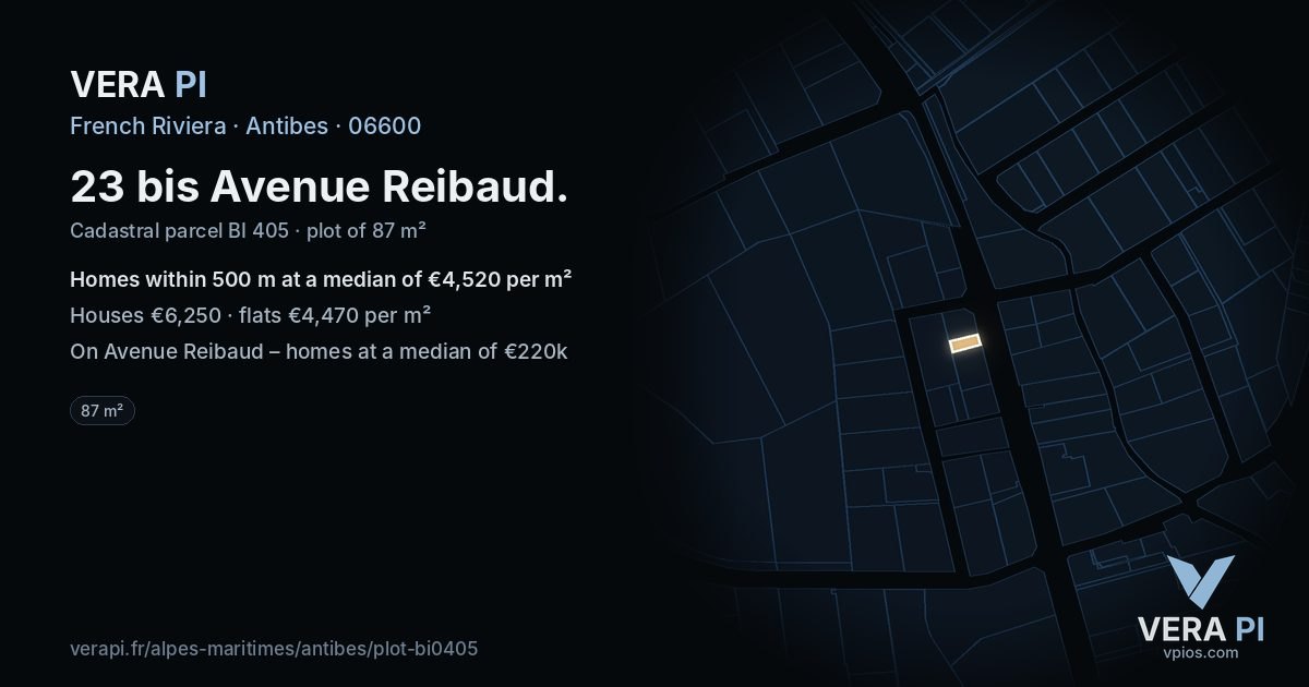 23 bis Avenue Reibaud, Antibes at night – the plot lit, the parcels around coloured by the prices near them