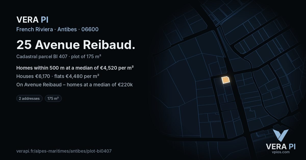 25 Avenue Reibaud, Antibes at night – the plot lit, the parcels around coloured by the prices near them