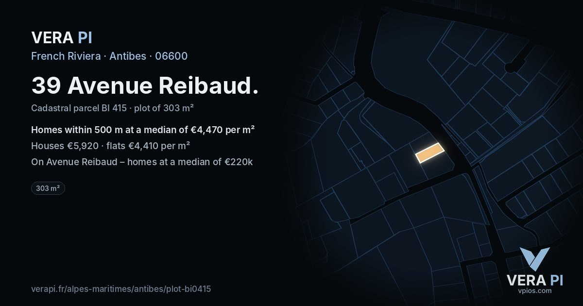 39 Avenue Reibaud, Antibes at night – the plot lit, the parcels around coloured by the prices near them