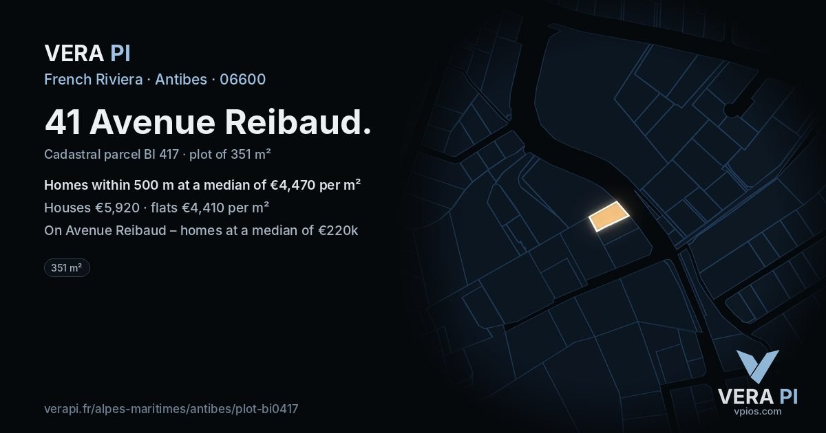 41 Avenue Reibaud, Antibes at night – the plot lit, the parcels around coloured by the prices near them