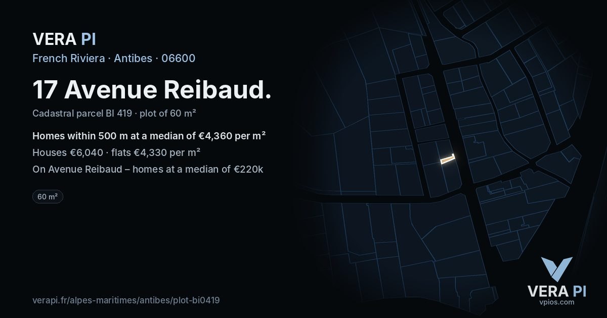 17 Avenue Reibaud, Antibes at night – the plot lit, the parcels around coloured by the prices near them