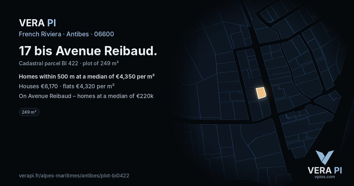 17 bis Avenue Reibaud, Antibes at night – the plot lit, the parcels around coloured by the prices near them