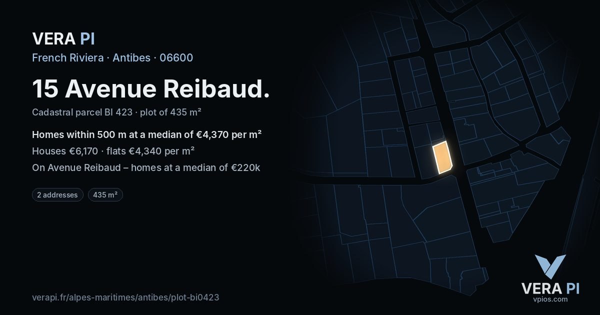 15 Avenue Reibaud, Antibes at night – the plot lit, the parcels around coloured by the prices near them