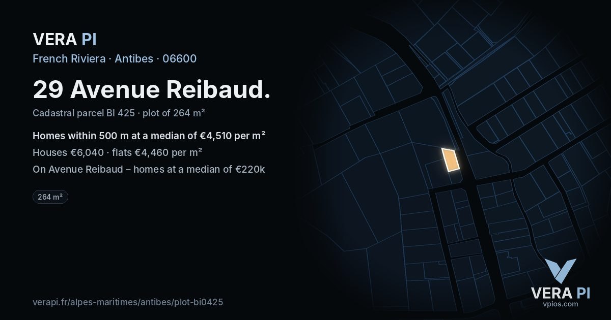 29 Avenue Reibaud, Antibes at night – the plot lit, the parcels around coloured by the prices near them