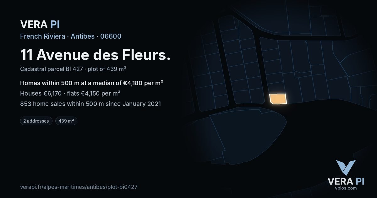 11 Avenue des Fleurs, Antibes at night – the plot lit, the parcels around coloured by the prices near them