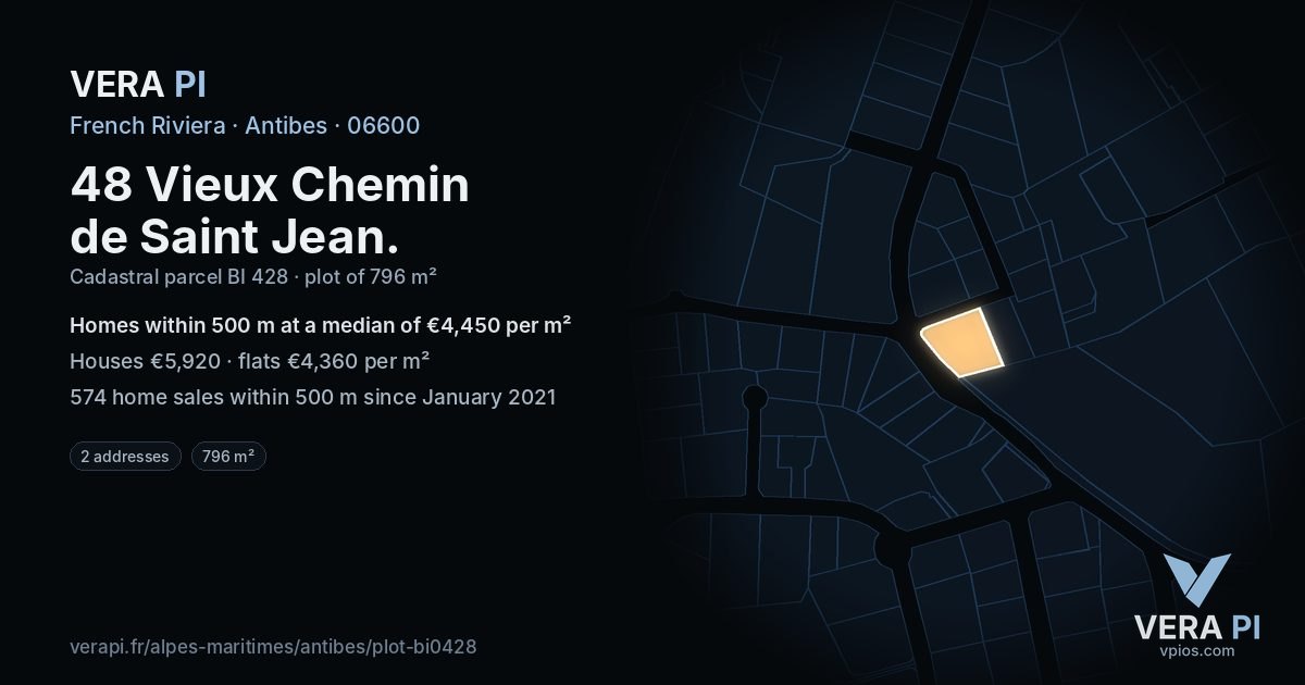 48 Vieux Chemin de Saint Jean, Antibes at night – the plot lit, the parcels around coloured by the prices near them