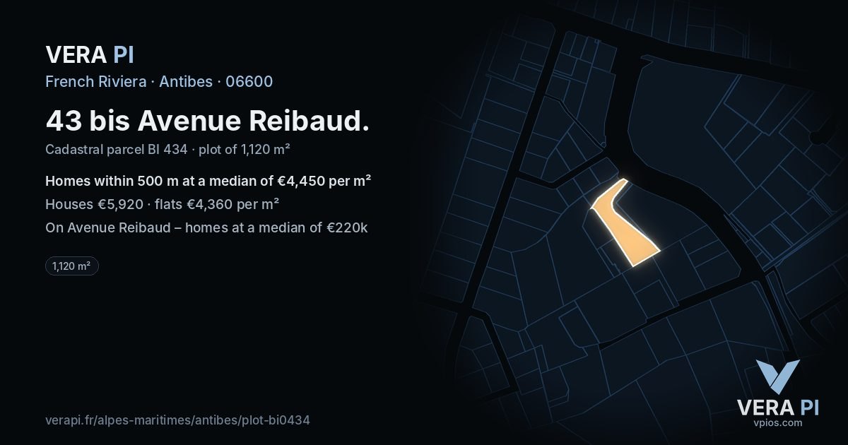 43 bis Avenue Reibaud, Antibes at night – the plot lit, the parcels around coloured by the prices near them