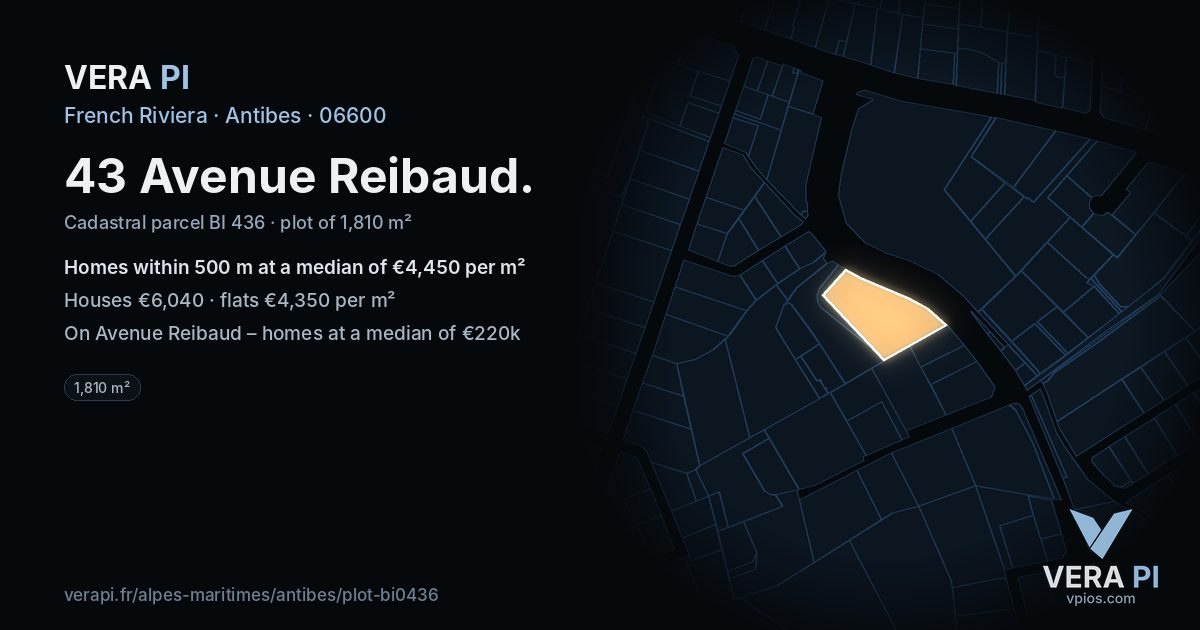 43 Avenue Reibaud, Antibes at night – the plot lit, the parcels around coloured by the prices near them