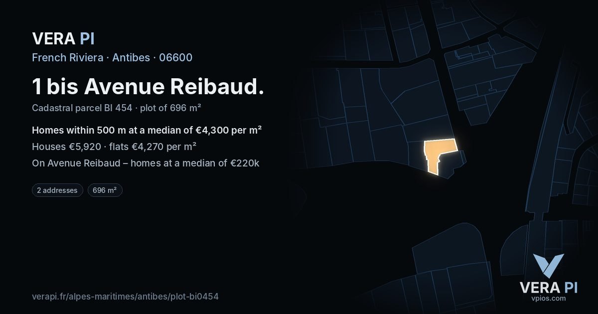 1 bis Avenue Reibaud, Antibes at night – the plot lit, the parcels around coloured by the prices near them