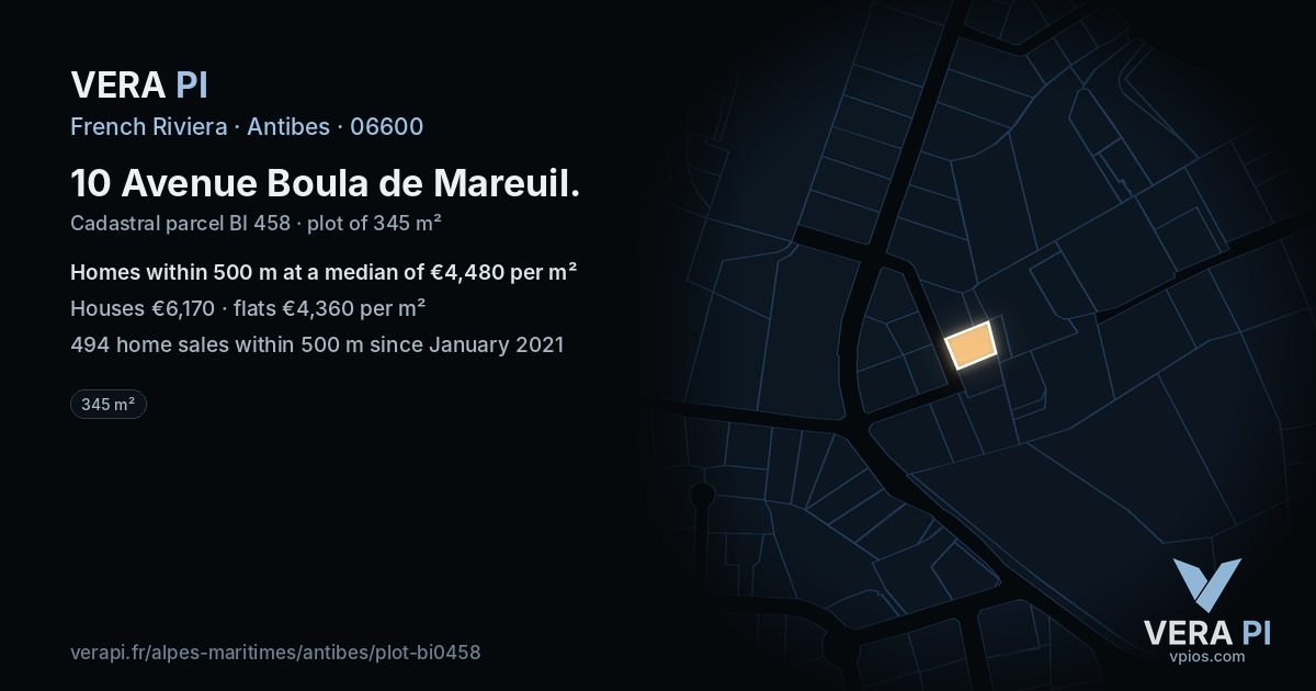 10 Avenue Boula de Mareuil, Antibes at night – the plot lit, the parcels around coloured by the prices near them