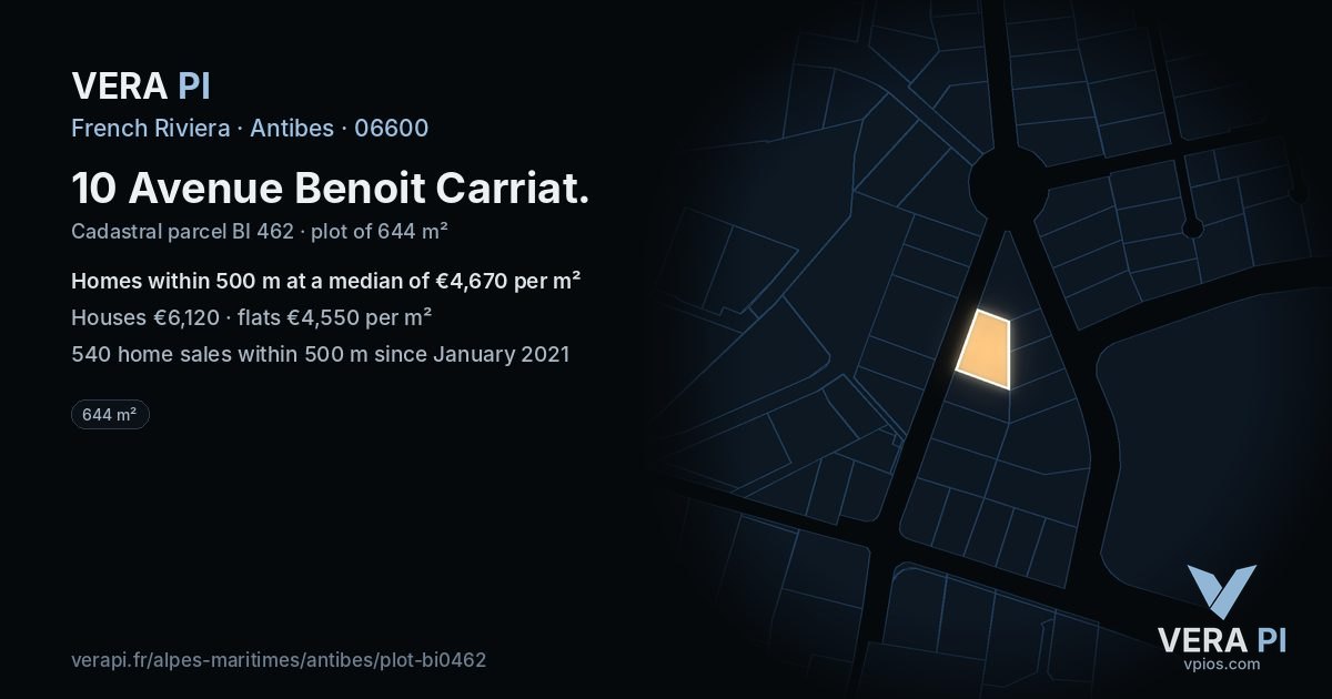 10 Avenue Benoit Carriat, Antibes at night – the plot lit, the parcels around coloured by the prices near them