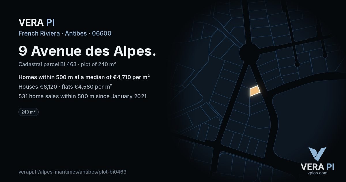 9 Avenue des Alpes, Antibes at night – the plot lit, the parcels around coloured by the prices near them